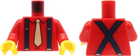 LEGO minifigure torso - red shirt with tan tie, dark blue suspenders.