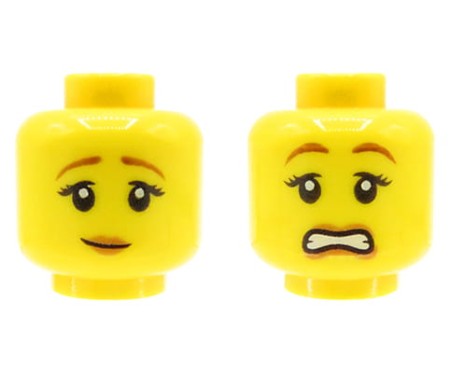 LEGO minifigure head - woman, brown eyebrows, dual sided (smile / scared)