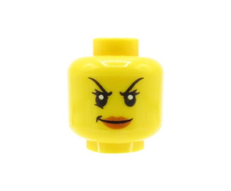 Głowa figurki LEGO w kolorze żółtym, damska, uśmieszek, uniesione brwi.