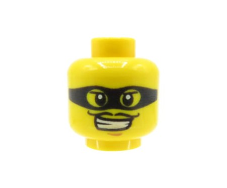 Głowa figurki LEGO w kolorze żółtym, męska, czarna maska na oczach, szeroki uśmiech, wąsik