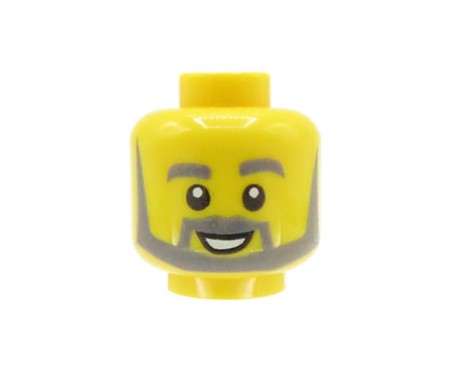 Głowa figurki LEGO w kolorze żółtym, męska, siwa broda i wąsy, szeroki uśmiech