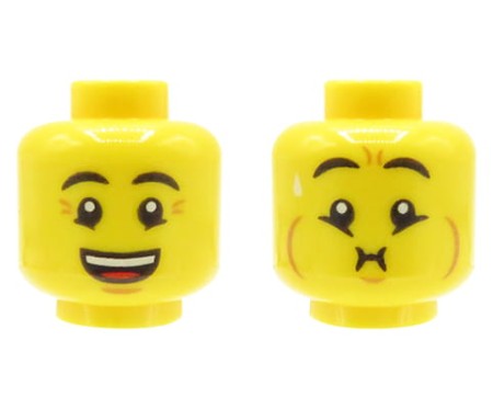 Głowa figurki LEGO w kolorze żółtym, dwustronna, męska, szeroki uśmiech / nadęte policzki