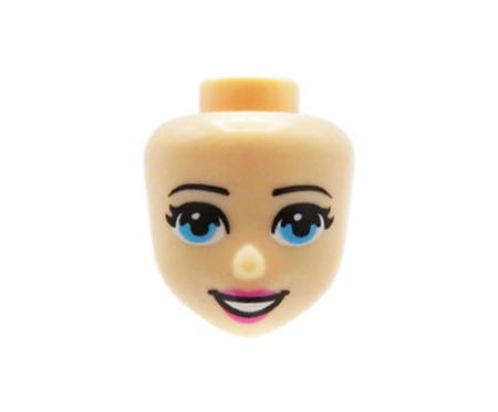 Głowa figurki LEGO Friends w kolorze cielistym, niebieskie oczy, różowe usta, szeroki uśmiech