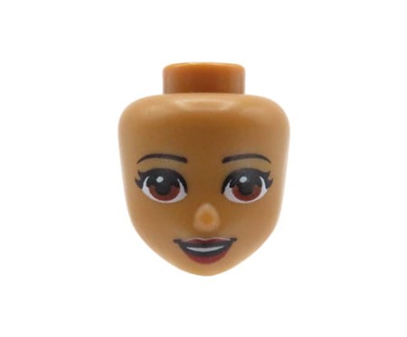 LEGO Friends minifig head - medium nougat, brown eyes, dark red lips, smile