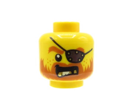 Głowa figurki LEGO w kolorze żółtym, męska. Czarna przepaska na oku, ruda broda, wąsy i brwi, brak zęba