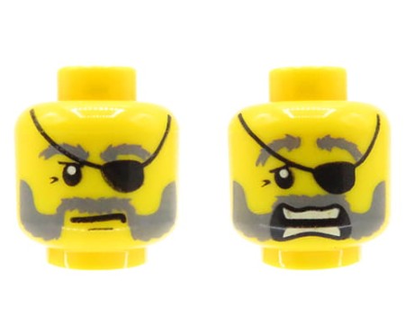 LEGO minifigure head - man / pirate, eyepatch, gray beard, dual sided (closed mouth / scared, open mouth)