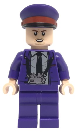 Mini figurka LEGO Harry Potter Stan Shunpike w fioletowej marynarce, z fioletowymi nóżkami.