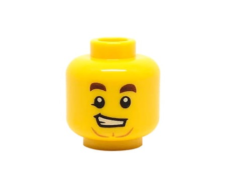 LEGO minifigure head - man, lopsided grin, dark brown eyebrows
