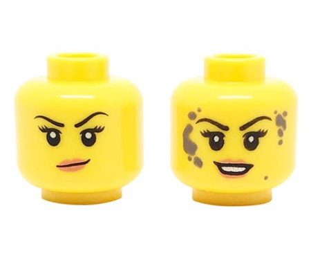 Głowa figurki LEGO w kolorze żółtym, dwustronna, damska, lekki uśmiech /uśmiech z szarymi plamami błota.