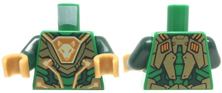 LEGO minifigure torso - green Nexo Knights armor with fox head pattern.