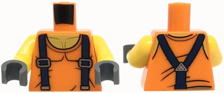 LEGO minifigure torso - orange tank top with suspender, muscles, dark bluish gray gloves