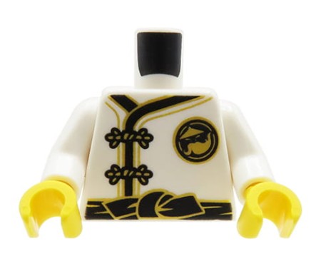 Tors figurki LEGO białe kimono z czarno-złotymi detalami - przód.