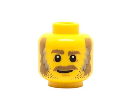 Głowa figurki LEGO w kolorze żółtym, męska, ciemno piaskowe wąsy, krzaczaste brwi, baczki, zarost, lekki uśmiech.