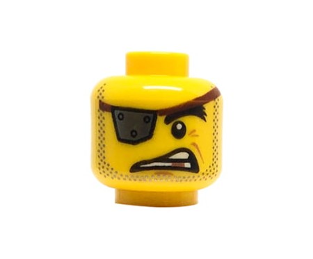 LEGO minifigure head - man / pirate, silver eyepatch, gold tooth, stubble.