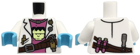 LEGO minifigure torso - scientist, white lab coat / apron, dark pink undershirt with Frankenstein, gloves