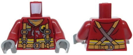 LEGO minifigure torso - firefighter / fireman - dark red fire uniform with stripes and harness.