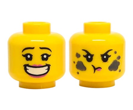 Głowa figurki LEGO w kolorze żółtym, dwustronna, damska, różowe usta, szeroki uśmiech z zębami / plamy brudu, rozłoszczona mina.