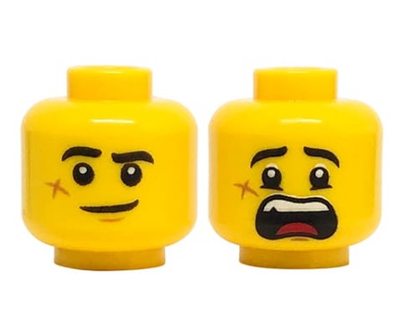 LEGO minifigure head - man, cheek scar, dual sided (lopsided smile / scared)