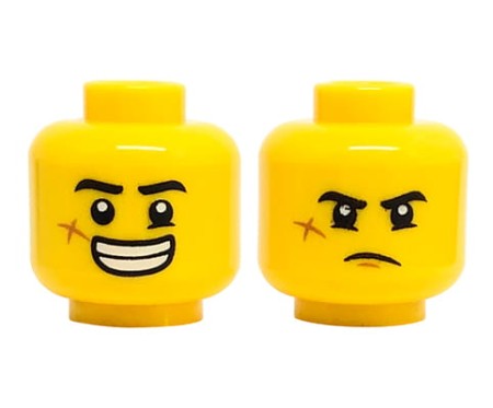 Głowa figurki LEGO w kolorze żółtym, dwustronna, męska, czarne brwi, blizna na policzku, duży uśmiech z zębami / wkurzona mina.