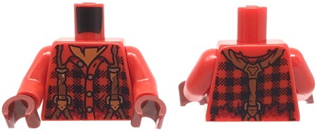 LEGO minifigure torso - red plaid flannel shirt with suspenders