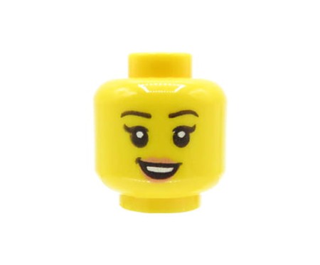 LEGO minifigure head - woman, black eyebrows, peach lips, open smile