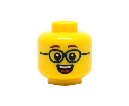 Głowa figurki LEGO w kolorze żółtym, dziecko, w granatowych okularach, szeroki uśmiech.