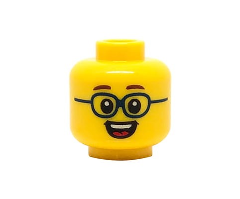 Accéder au produit Tête de figurine LEGO - enfant, lunettes, sourire ouvert