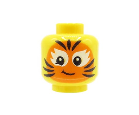 Głowa figurki LEGO w kolorze żółtym, dziecko, namalowany na buzi wzór pomarańczowego kota.
