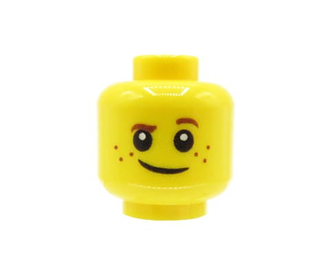 Accéder au produit Tête de figurine LEGO - enfant, taches de rousseur, sourire en coin