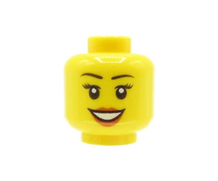 Głowa figurki LEGO w kolorze żółtym, damska, czarne brwi, rzęsy, brzoskwiniowe usta, szeroki uśmiech z zębami.