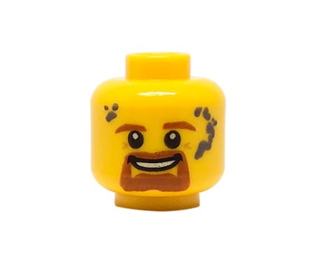 Głowa figurki LEGO w kolorze żółtym, męska, brązowe brwi i broda, uśmiech, szare plamy.