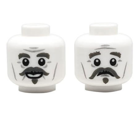 LEGO minifigure head - man, white, gray eyebrows and moustache, dual sided (smile / worried)
