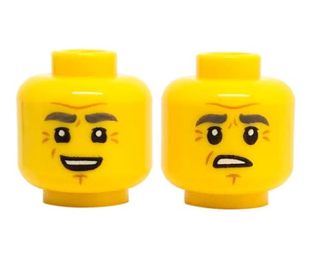Głowa figurki LEGO w kolorze żółtym, dwustronna, męska, ciemnoszare brwi, zmarszczki, uśmiech / grymas, zmartwiona mina.