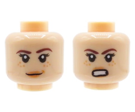 LEGO minifigure head - woman, light nougat, freckles, dual sided (slight smile / angry)