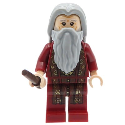 Minifigurka LEGO Harry Potter - Albus Dumbledore z różdżką, siwe włosy i broda, ciemna czerwona szata z nadrukiem