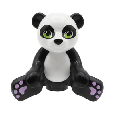 LEGO panda siedząca - biało-czarna, z limonkowymi oczami i lawendowymi opuszkami łap