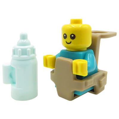 Mini figurka LEGO City niemowlak / niemowlę / dziecko / bobas w turkusowych śpiochach + piaskowe nosidło + butelka do karmienia