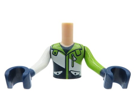 LEGO Friends minifig torso - lime, white and dark blue jacket, dark blue gloves, light nougat neck