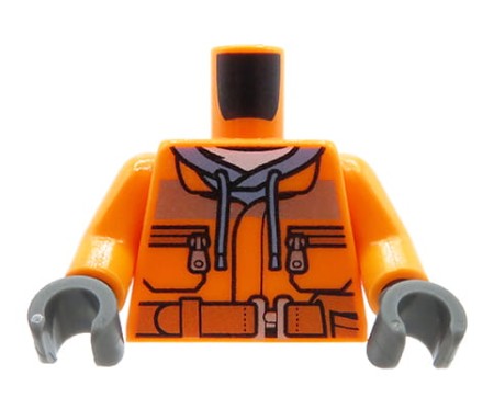 LEGO minifigure torso - worker / orange jacket with gray hood, belt, gloves