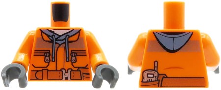 LEGO minifigure torso - worker / orange jacket with gray hood, belt, gloves
