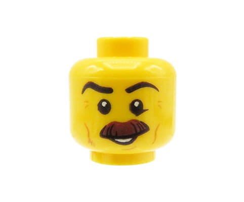 Zum Produkt Kopf einer LEGO Minifigur – Mann, buschiger Schnurrbart, Lächeln