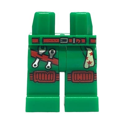 LEGO minifigure legs - mechanic / green pants with belt, knee pads, tools and handkerchief