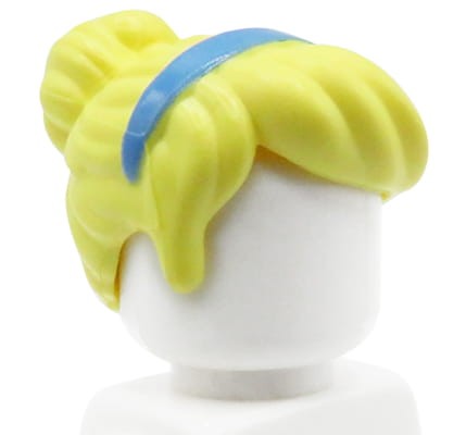 LEGO minifigure hair - woman, blonde / bright light yellow, blue band, bun