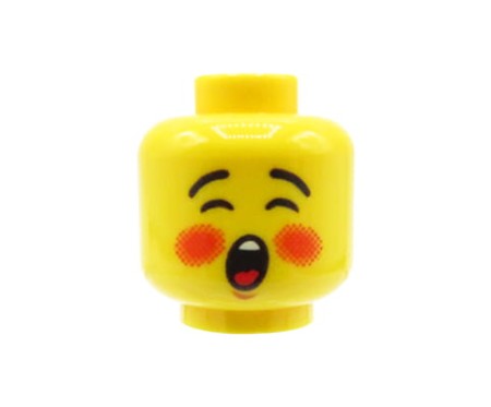 LEGO minifigure head - rosy cheeks, open mouth, closed eyes.