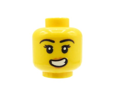 LEGO minifigure head - woman, open smile with teeth, black eyebrows and eyelashes