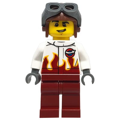 LEGO City Minifigure - Stunt pilot in aviator cap and white jacket with flames
Mini figurka LEGO City pilot w czapce i kurtce z nadrukiem płomieni.