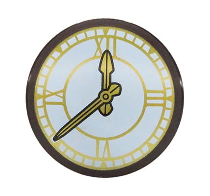 LEGO shield with clock - round / circular with rounded front.
