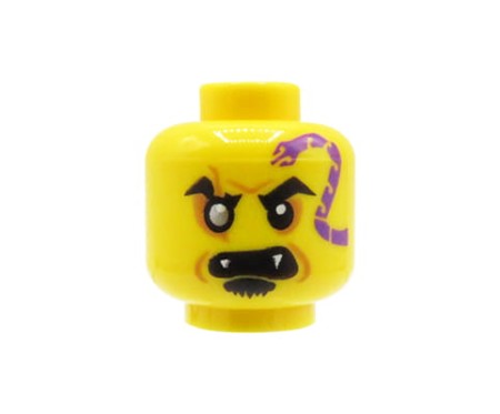 LEGO minifigure head - man / black soul, open mouth with fangs, snake tattoo