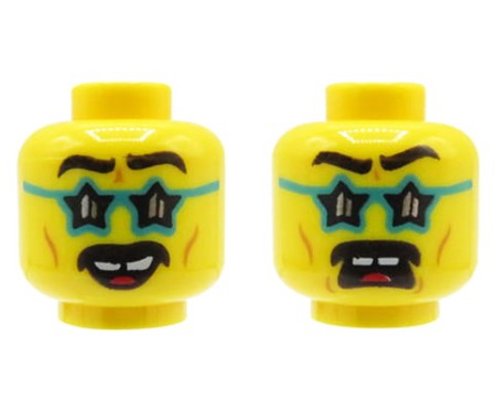 LEGO minifigure head - man, star glasses, black eyebrows and moustache, dual sided (smile / scared)