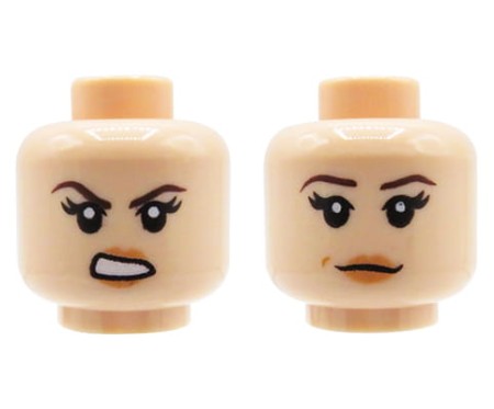LEGO minifigure head - woman, light nougat, long eyelashes, dual sided (neutral face / angry)